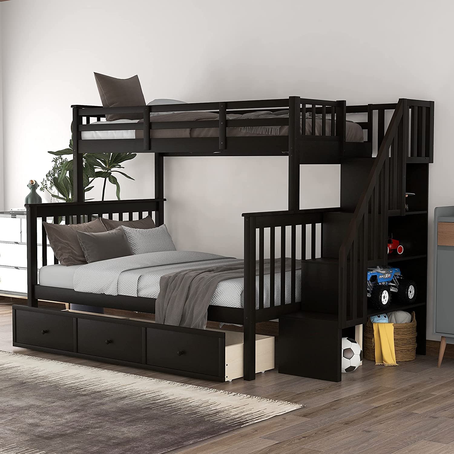 MERITLINE Twin Over Full Bunk Bed with Stairs - Solid Wood Bunk Bed Frame with Storage Drawers & Shelves, No Box Spring Required (Espresso Finish) - Perfect for Kids' Bedrooms, Guest Rooms & Space-Saving Solutions