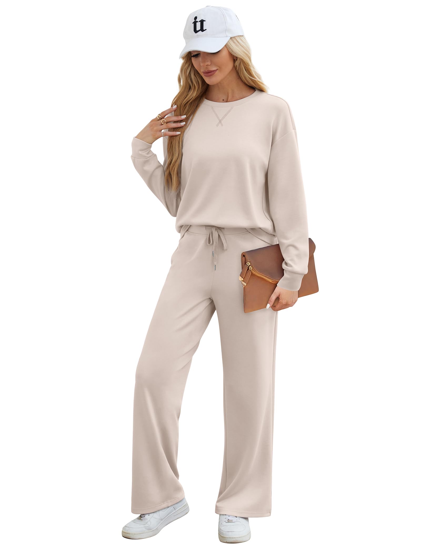 Women's 2-Piece Lounge Set - Soft Crewneck Sweatshirt & Wide Leg Sweatpants | Cozy Matching Outfit for Travel, Fall Season & Home Relaxation