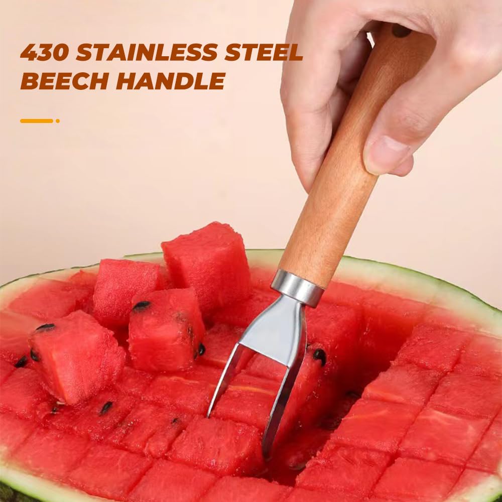 Premium Stainless Steel Fruit Cutter with Wooden Handle - Melon Baller, Cube Cutter & Carving Tool Set for Watermelon, Cantaloupe & Kitchen Fruits | Perfect for Fruit Salads, Party Platters & Creative Food Presentation