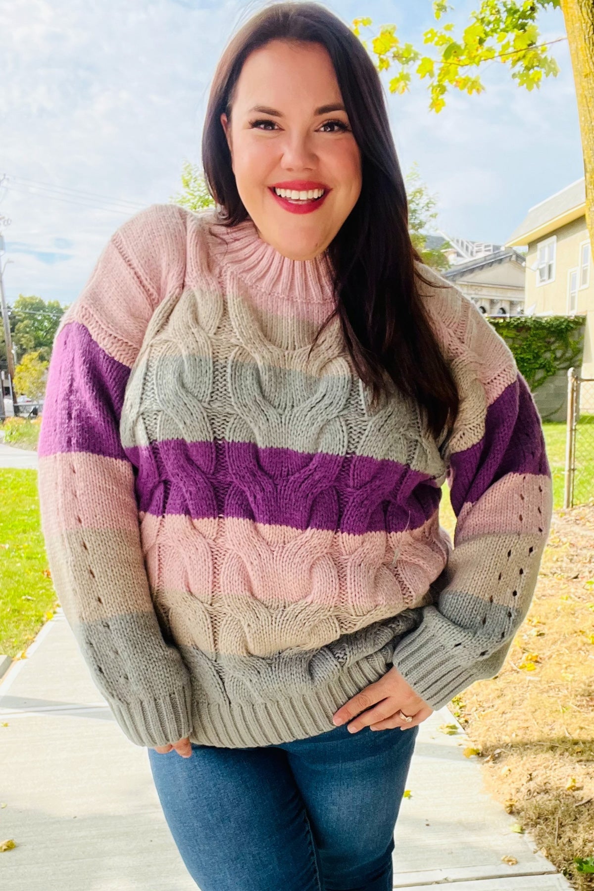 Fall For You Mauve Multicolor Stripe Cable Knit Mock Neck Sweater | Women's Cozy Winter Pullover | Perfect for Christmas, Holiday Parties & Casual Outings