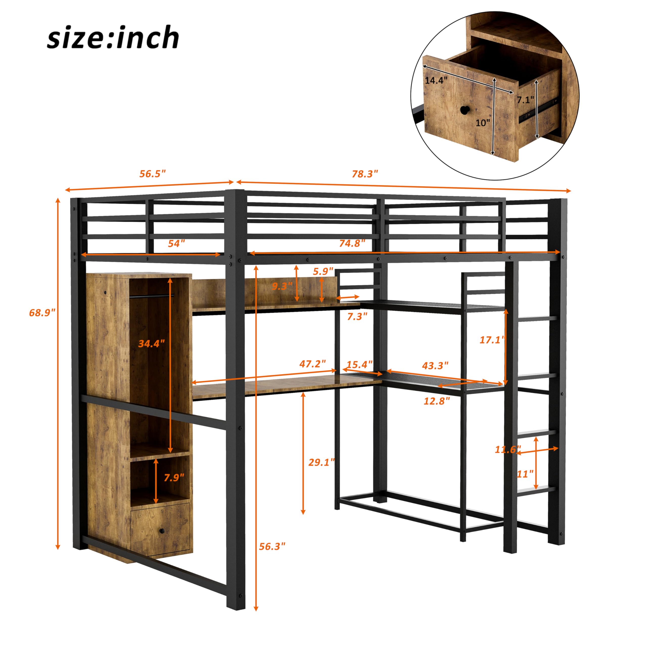 Full Size Loft Bed with Desk & Wardrobe - Heavy Duty Metal Loft Bed with Storage Shelves & Drawers - Space Saving Black Loft Bed with Bookshelf for Kids, Teens & Adults - Perfect for Small Bedrooms, Dorms & Studio Apartments