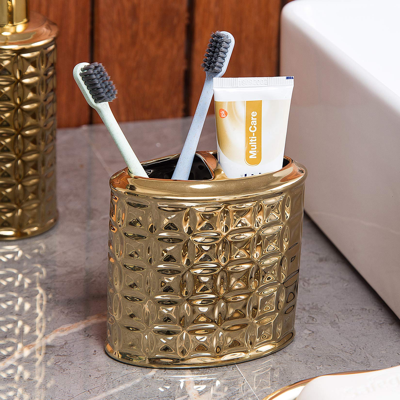 Luxury Gold Ceramic Bathroom Accessory Set - 4-Piece Includes Soap Dish, Toothbrush Holder, Lotion Dispenser & Tumbler | Elegant Bathroom Decor for Modern Homes, Hotels & Spas