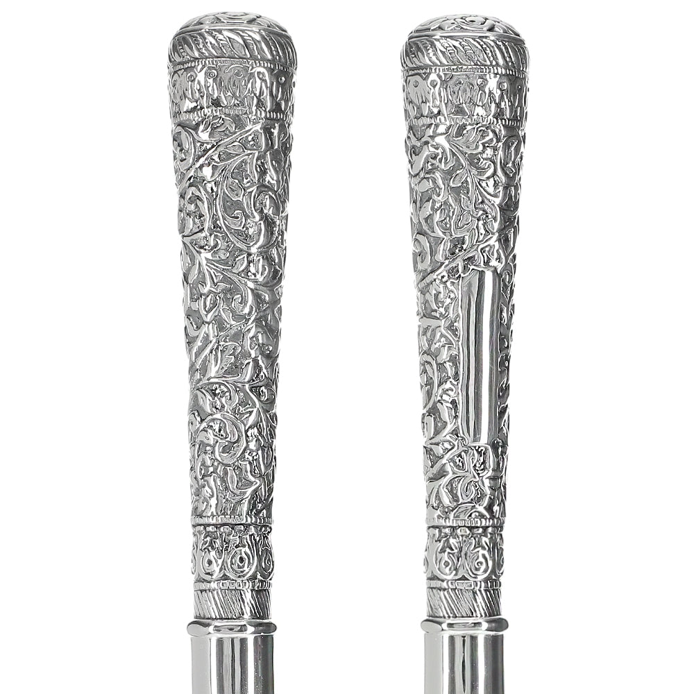 925 Sterling Silver Vine Covered Elongated Knob Walking Cane with Black Beechwood Shaft - Elegant Mobility Aid for Hiking, Fashion & Arthritis Support (Model V2415)