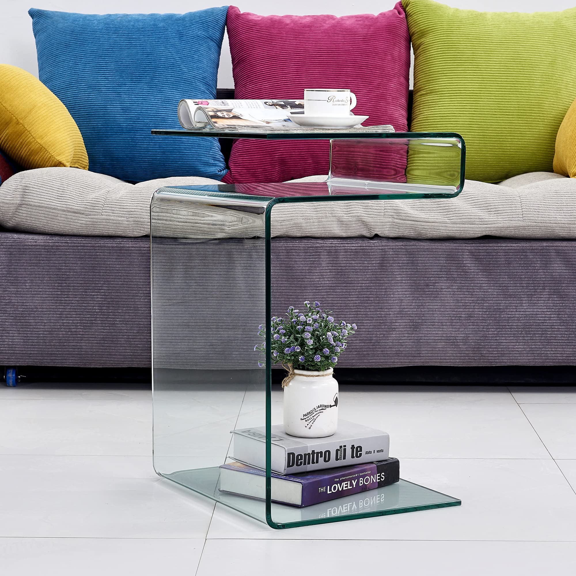 Clear Glass End Table - Modern S-Shaped Nightstand for Bedroom & Living Room, Sturdy Bent Glass Side Table for Sofa, Bedside, Office - Perfect for Small Spaces & Home Decor