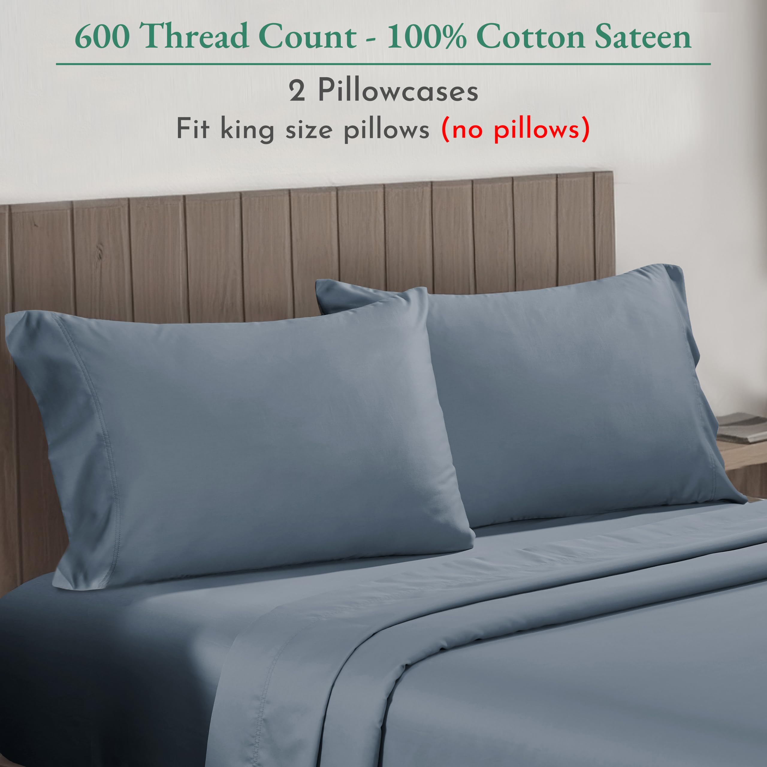 Luxury 600 Thread Count 100% Cotton King Size Pillowcase Set of 2 - Hotel Quality Soft & Breathable Bedding - Perfect for Master Bedroom, Guest Room & Airbnb - Pastel Blue