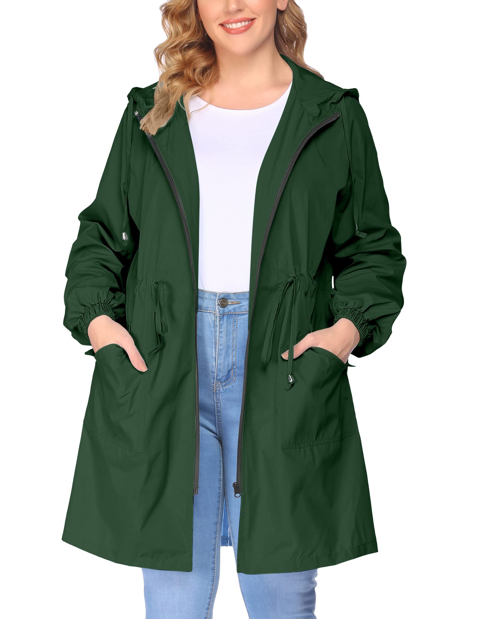 IN'VOLAND Women's Waterproof Rain Jacket Plus Size Long Hooded Windbreaker Lightweight Raincoat with Pockets - Perfect for Outdoor Hiking, Commuting & Travel