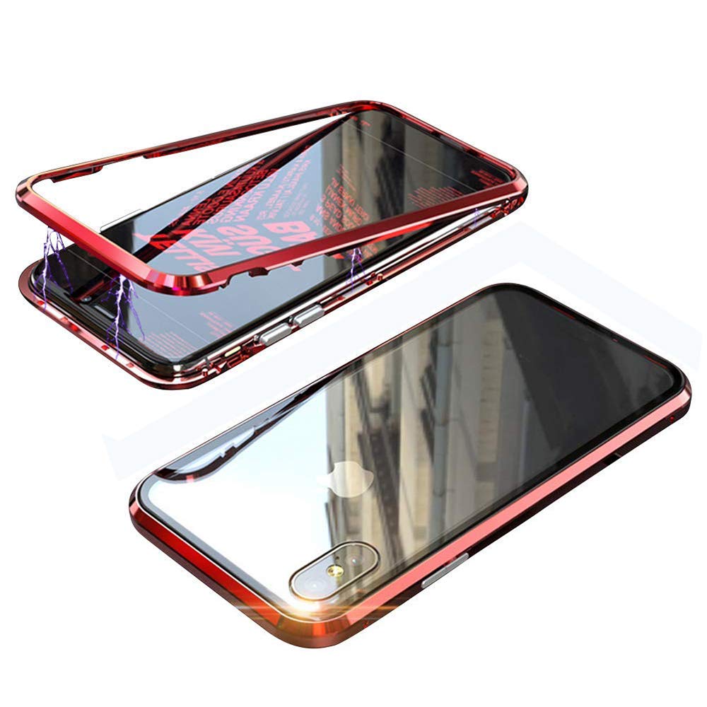 Ultra Slim Magnetic Case for iPhone XR 6.1 Inch - Metal Frame, Tempered Glass Back, Built-in Magnet, Supports Wireless Charging | Perfect for Work, Travel & Everyday Protection (Red)