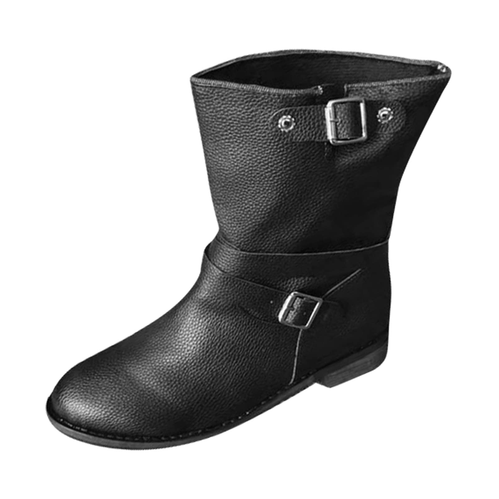Women's Retro Leather Booties with Buckle & Short Zipper - Fashion Chunky Heel Ankle Boots for Women - Breathable Flat Heel Boots for Casual Wear, Office & Night Out