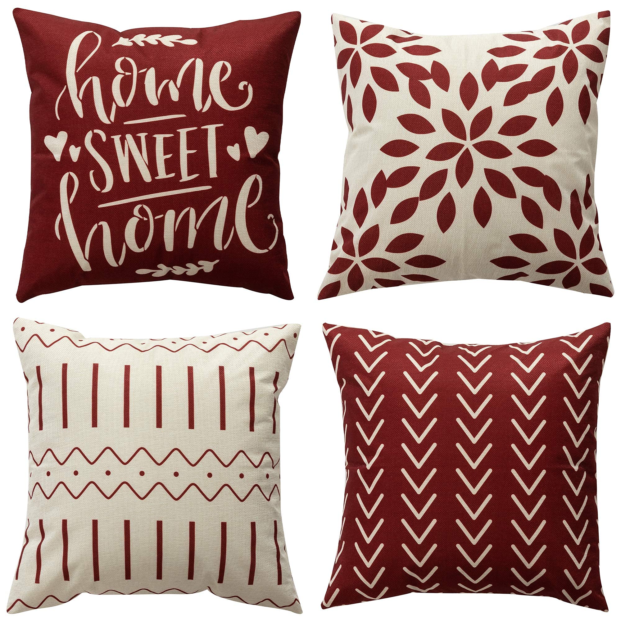 4 Pack Modern Cotton Linen Throw Pillow Covers - 18x18 Inch Decorative Cushion Cases for Sofa, Couch & Living Room - Home Décor Accent Pillows (Wine Red) - Perfect for Cozy Living Spaces, Home Staging & Seasonal Decor