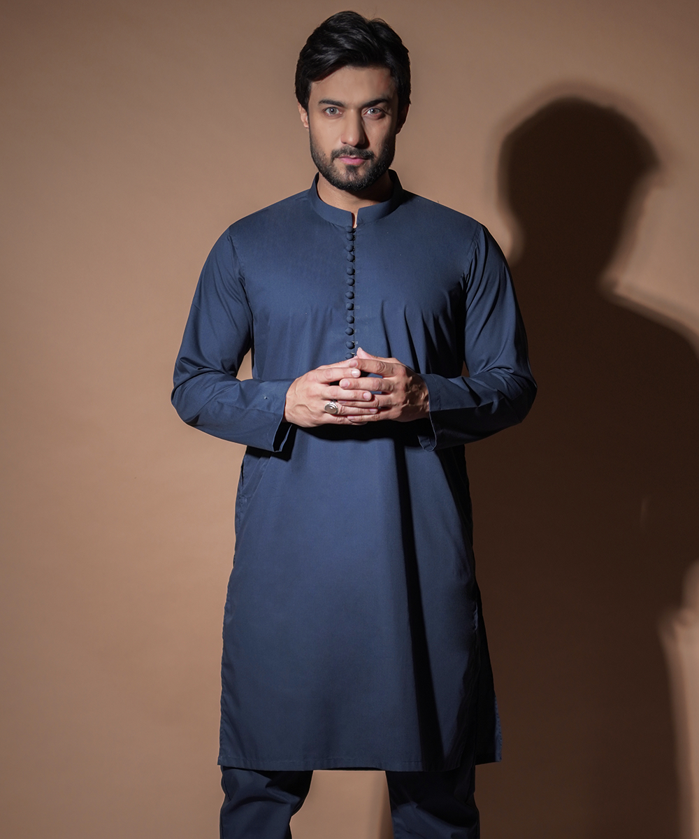 **Navy Blue Kurta Pants Set with Pearl Loop Buttons – Traditional Indian Outfit for Festivals & Weddings**