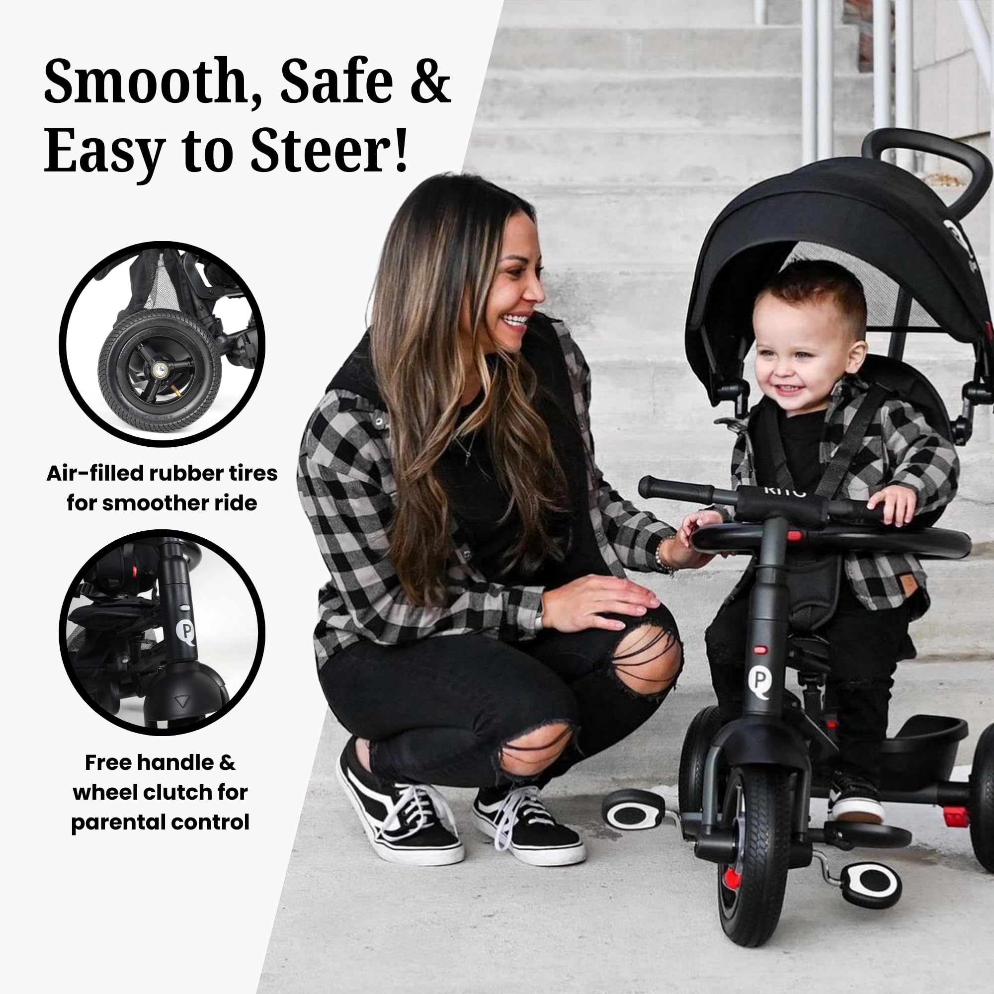 Premium Luxury Foldable Toddler Tricycle with Leather Touchpoints - QPlay Rito Push & Fold Stroller Trike for Kids Ages 12 Months to 5 Years (Midnight Black) - Perfect for Park Rides, Neighborhood Strolls & Outdoor Family Adventures