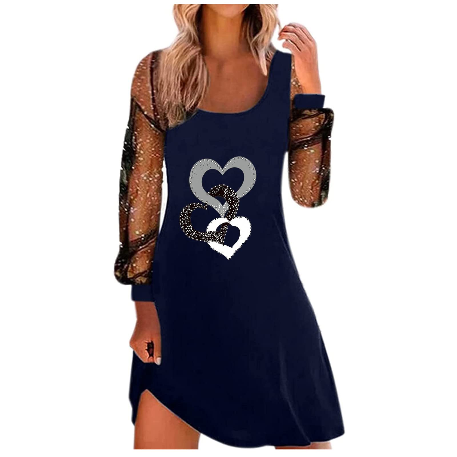 Lisgai Women's Holiday Dresses - Valentine's Day Heart Print Sheer Long Sleeve Flowy Dress | Sexy See-Through Party Dress for Date Night & Special Occasions