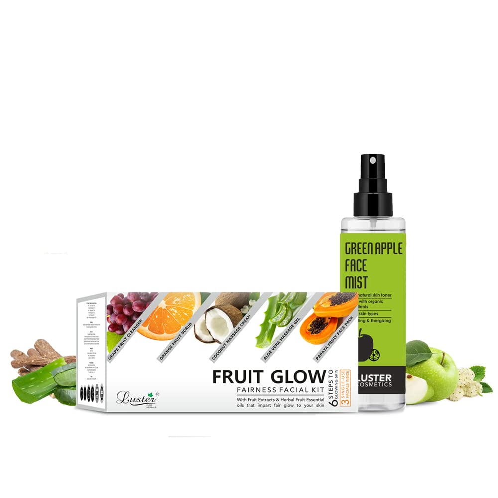 Luster Cosmetics Combo Pack: Fruit Glow Fairness Facial Kit (120ml) & Green Apple Face Mist Toner (115ml) | Glowing Skin & Deep Cleansing Treatment | Paraben & Sulfate Free Skincare Set | For Women & Men | Perfect for Daily Skincare Routine & Travel Essentials