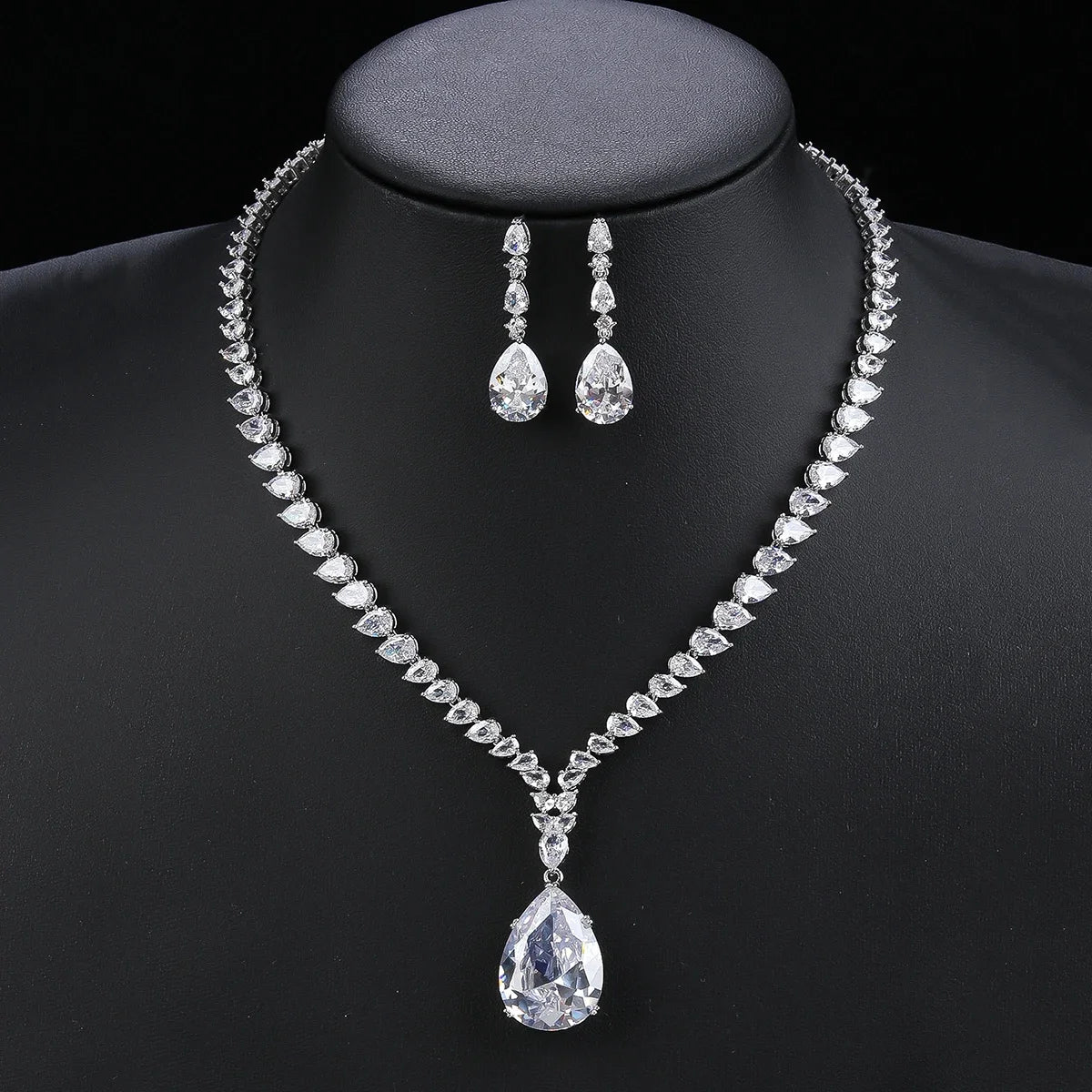 Elegant CZ Water Drop Cubic Zirconia Pendant Necklace & Earrings Set - Bridal Wedding Jewelry for Women - Perfect Gift for Anniversary, Engagement & Special Occasions (CN10536)