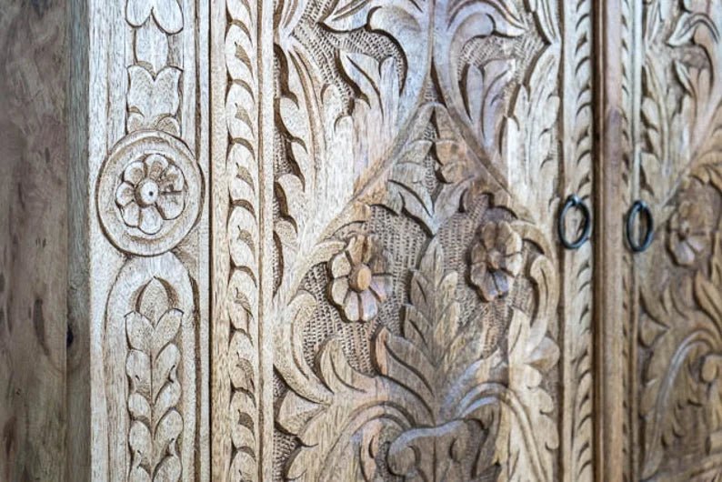 Hand Carved Indian Wooden Sideboard | Small Cabinet for Living Room, Dining Room & Bedroom Storage | Traditional Home Decor