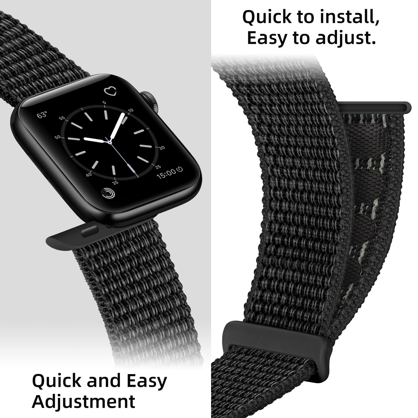 OXWALLEN Sport Solo Loop Nylon Band for Apple Watch Series 9/8/7/6/5/4/3 SE Ultra 2/1 (49/45/44/42mm) - Adjustable Braided Rugged Strap for Men & Women - Reflective Black - Perfect for Running, Gym & Outdoor Activities