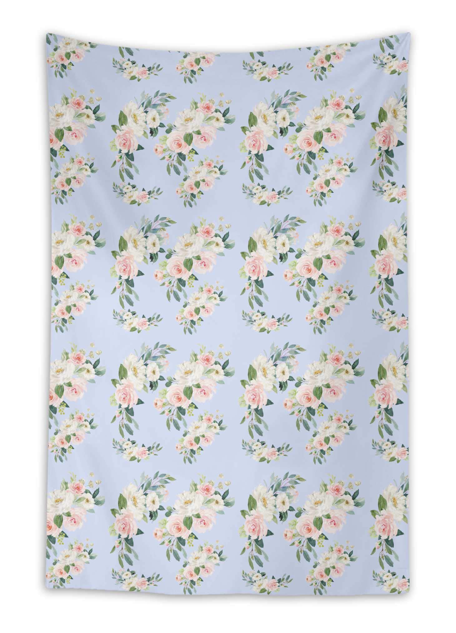 Blue Leaves & Ranunculus Floral Printed Tapestry Wall Decor - 58x92 Inches for Bedroom & Living Room - Boho Chic Home Decor, Dorm Room Aesthetic, Wedding Backdrop