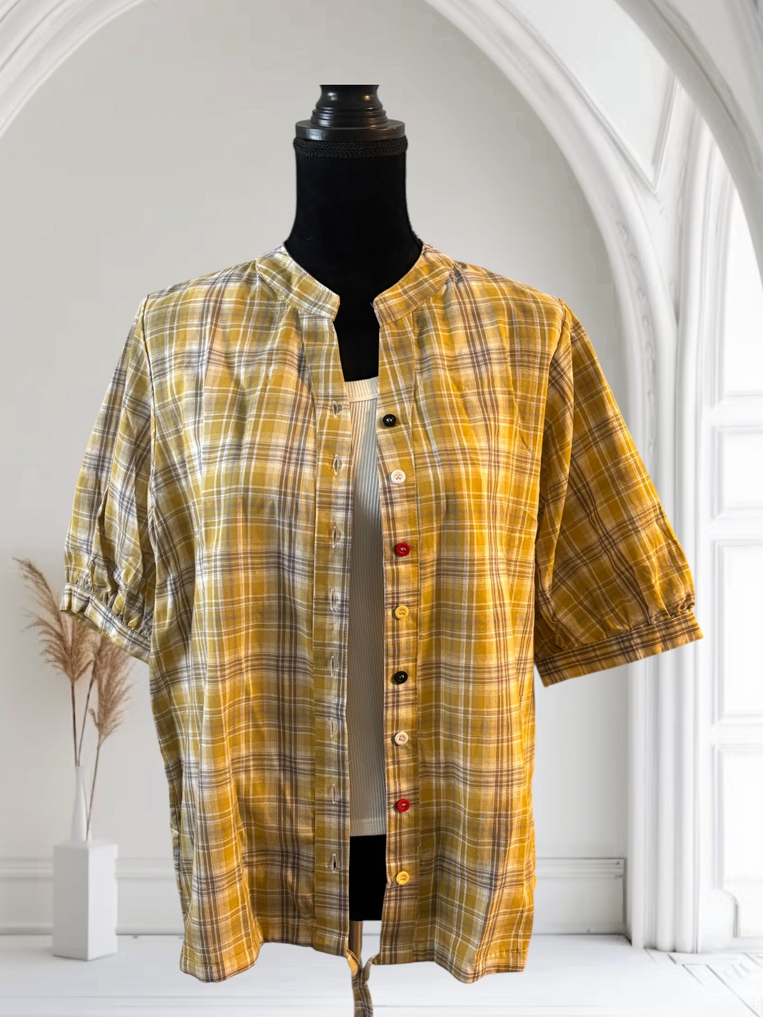 Women's Plaid Short Sleeve Cotton Shirt - Summer Casual Half Sleeve Drawstring Top for Outdoor Activities, Beach Wear & Everyday Fashion