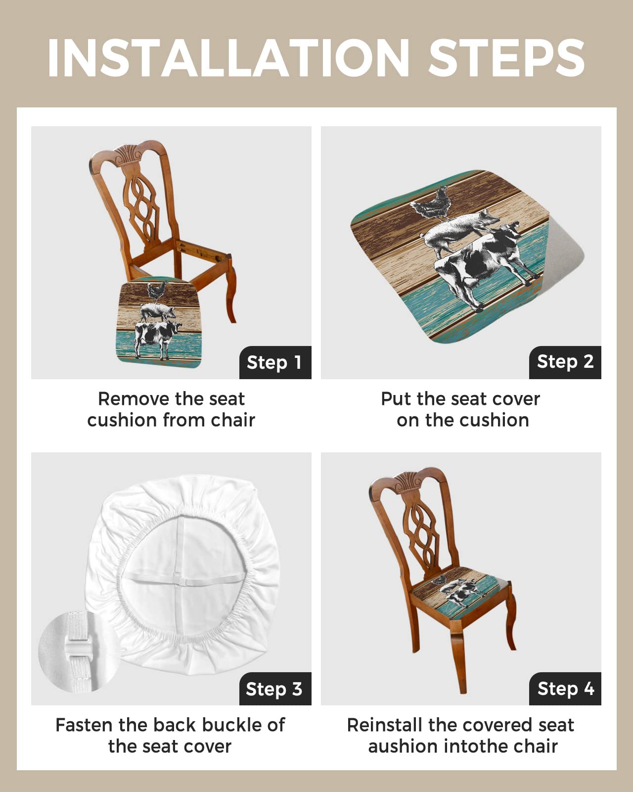 Stretch Chair Seat Cover Set of 2 - Washable Farm Animal Slipcovers (Chicken, Pig, Cow) for Kitchen & Dining Room Chairs - Rustic Wood Board Design, Removable Seat Protector - Perfect for Farmhouse Decor, Family Gatherings & Dinner Parties