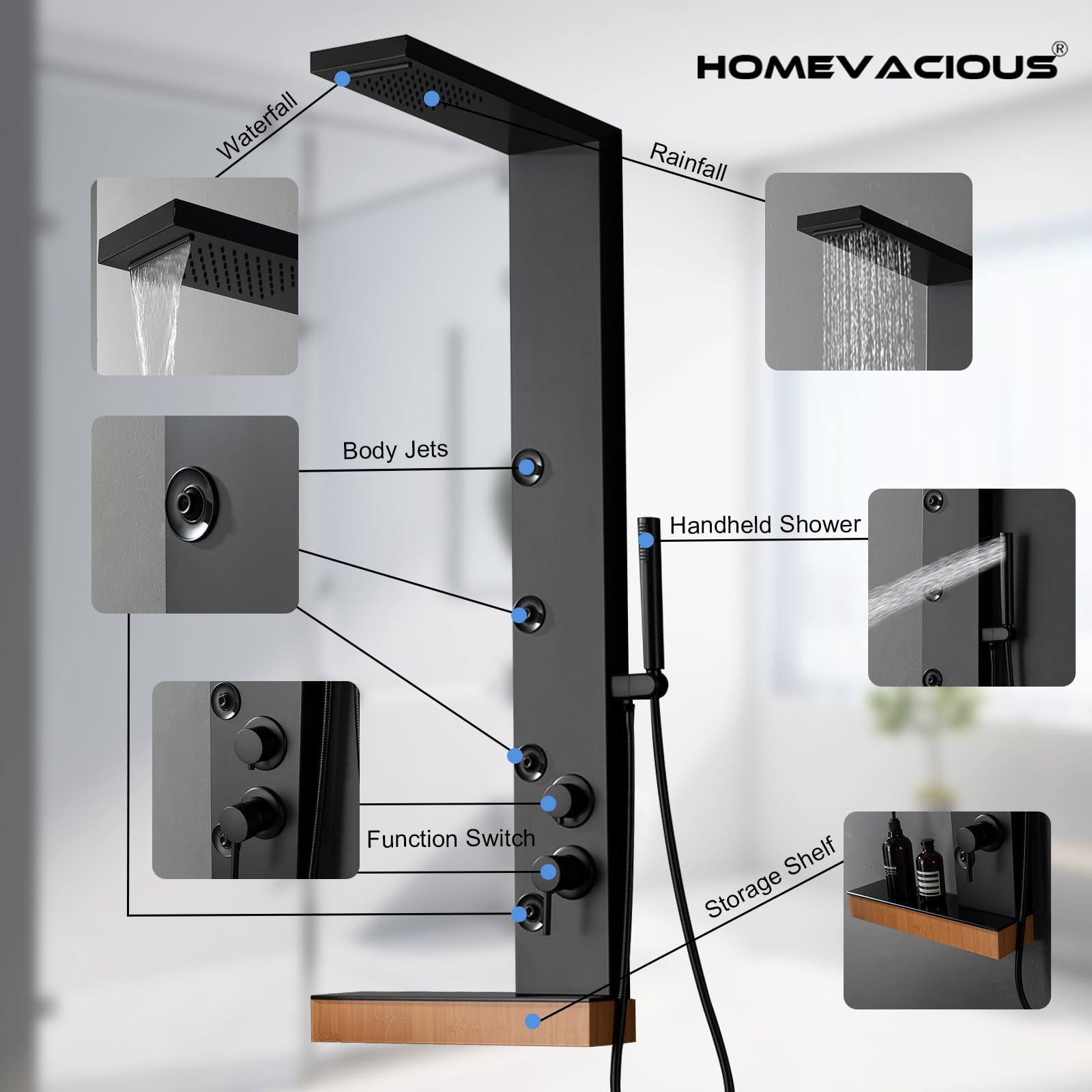 5-in-1 Stainless Steel Shower Panel System with Rainfall Shower Head, Waterfall & Body Jets - Matte Black Bathroom Fixture with Storage Shelf | Perfect for Spa-Like Experience & Modern Bathroom Upgrade