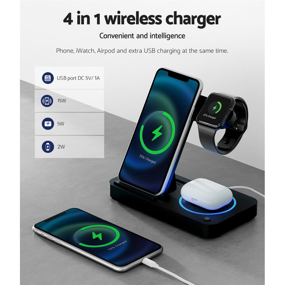 Devanti 4-in-1 Fast Wireless Charging Station for iPhone, Samsung, AirPods & Apple Watch - Multi-Device Charging Stand for Home, Office & Nightstand (Black)