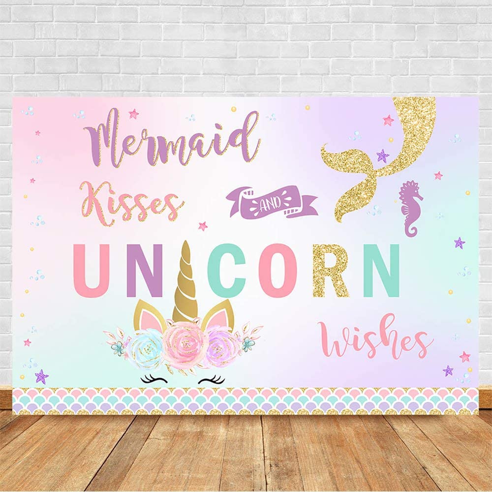 Avezano Unicorn and Mermaid Birthday Backdrop - 7x5ft Under The Sea Themed Party Decor for Magical Birthday Celebrations, Photography Background, Baby Shower & Kids Party Decorations - Mermaid Kisses Unicorn Wishes Banner