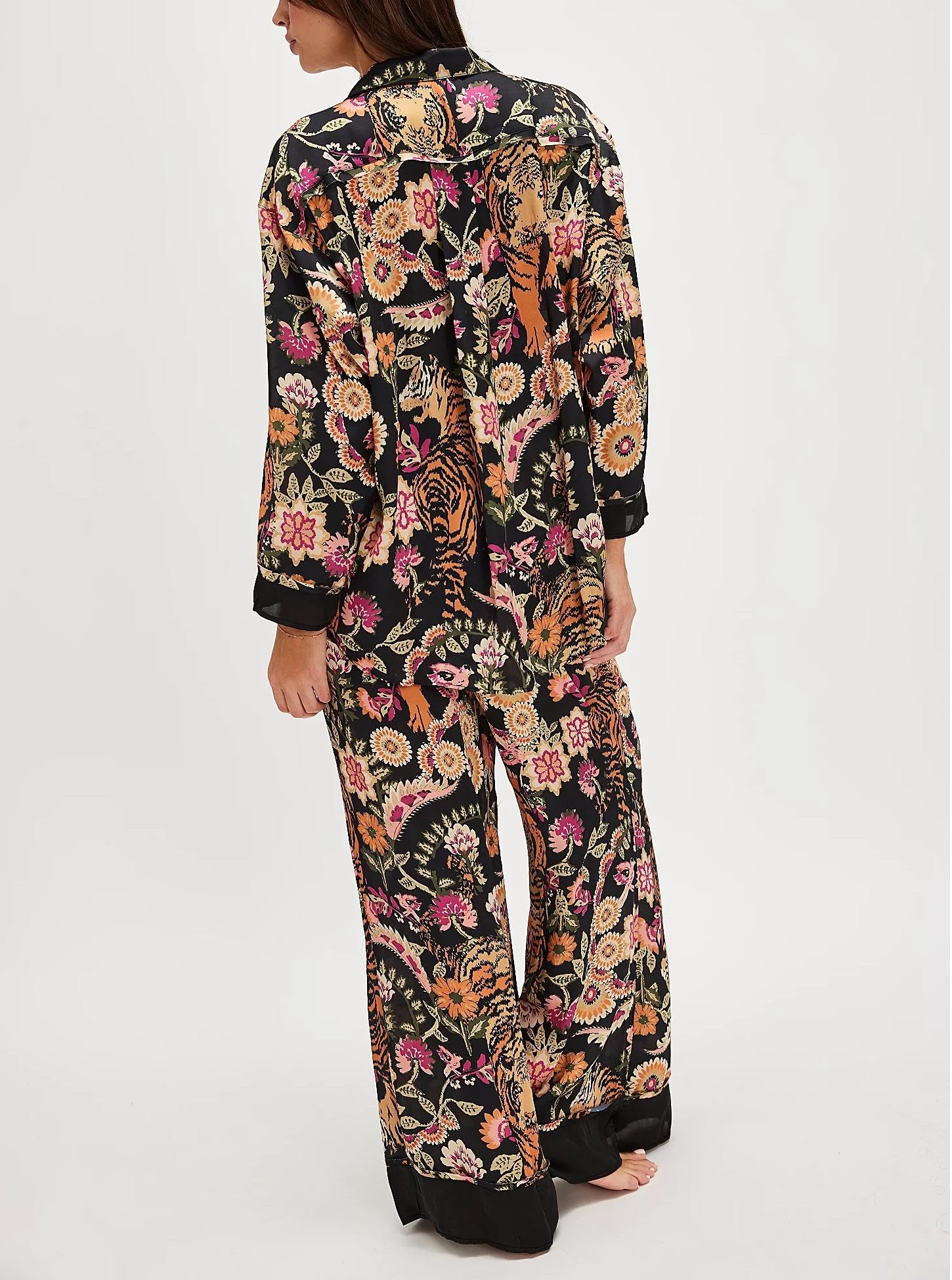 Women's Y2K Floral Print Silk Pajama Set - Long Sleeve Button Down Shirt & Wide Leg Pants 2-Piece Lounge Wear for Sleepwear, Loungewear & Relaxation at Home