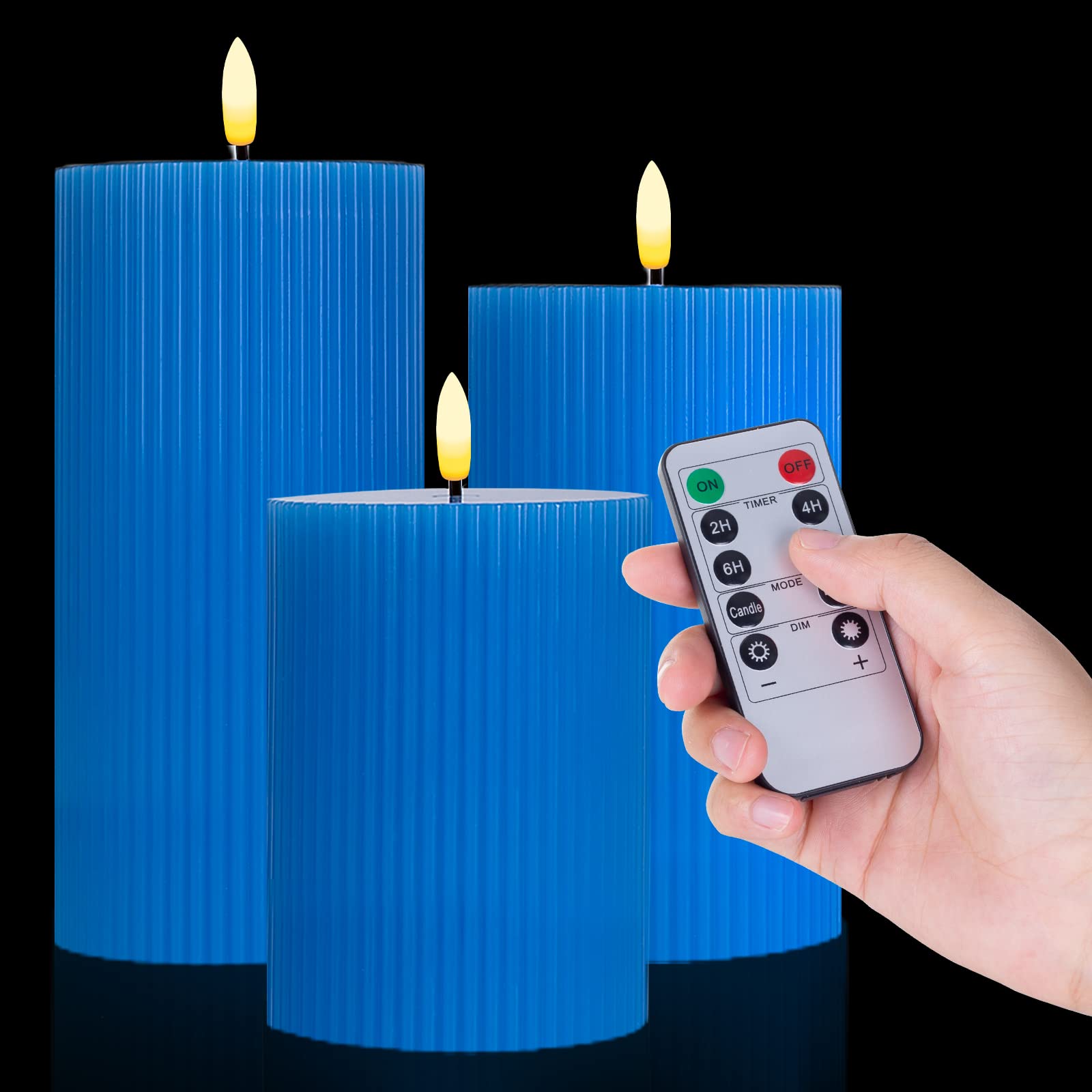 Blue Striped Flameless LED Candles - 3 Pack with Remote for Home Decor