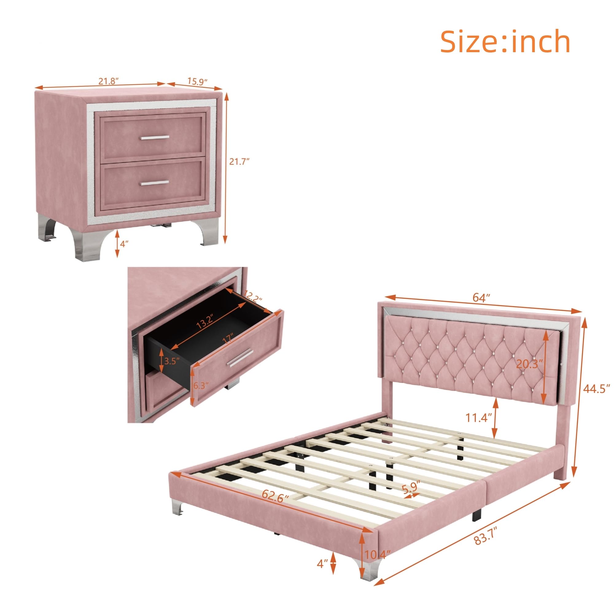 Harper & Bright Designs 3-Piece Queen Bedroom Set with LED Lights - Modern Upholstered Platform Bed & 2 Nightstands, Pink Queen Size Bedroom Furniture for Stylish Master Bedrooms & Guest Rooms