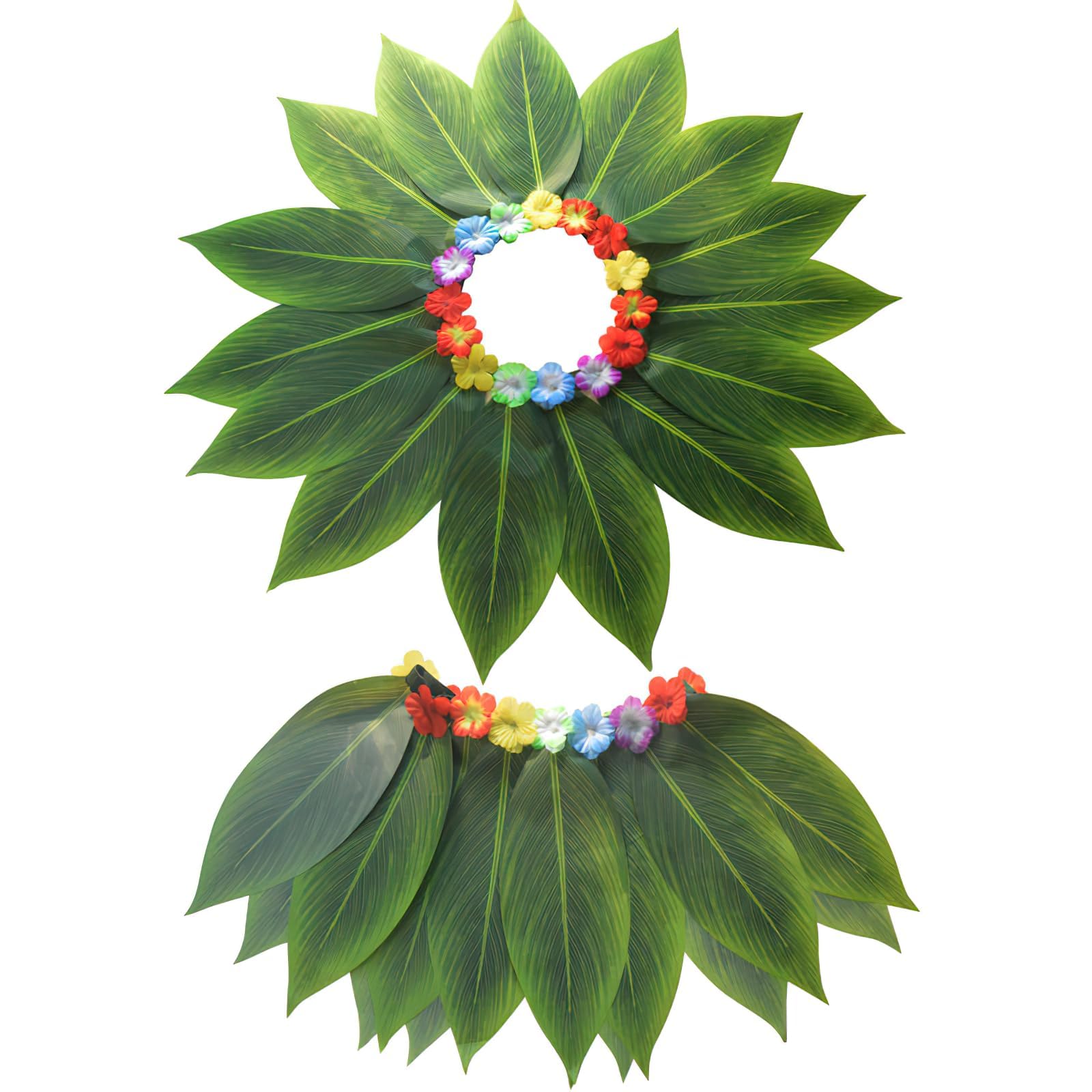 Hawaiian Green Leaf Hula Skirt - 15 Simulated Grass Leaves for Luau Party, Beach Vacation & Summer Decorations | Perfect for Hawaiian Theme Parties, Tropical Costumes & Dance Performances