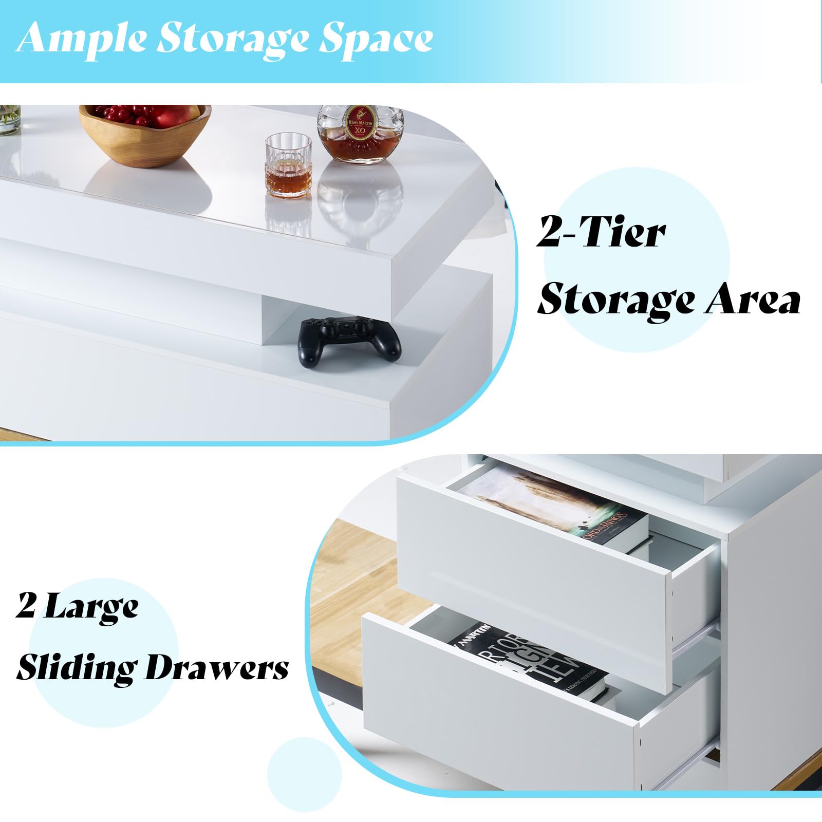 AMERLIFE 3-Piece Modern LED Coffee Table Set with Charging Station - High Gloss White 2-Tier Center Table & 2 End Side Tables, Nightstand for Living Room & Bedroom - Perfect for Home Decor, Entertainment & Charging Devices