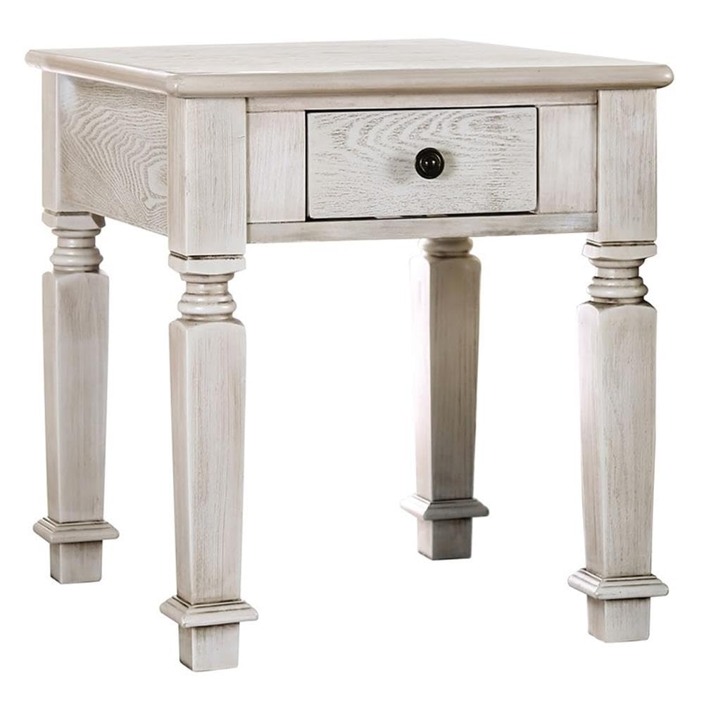BOWERY HILL Farmhouse Wood 1-Drawer End Table in Antique White - Rustic Nightstand for Bedroom, Living Room & Office - Side Table with Storage for Home Decor
