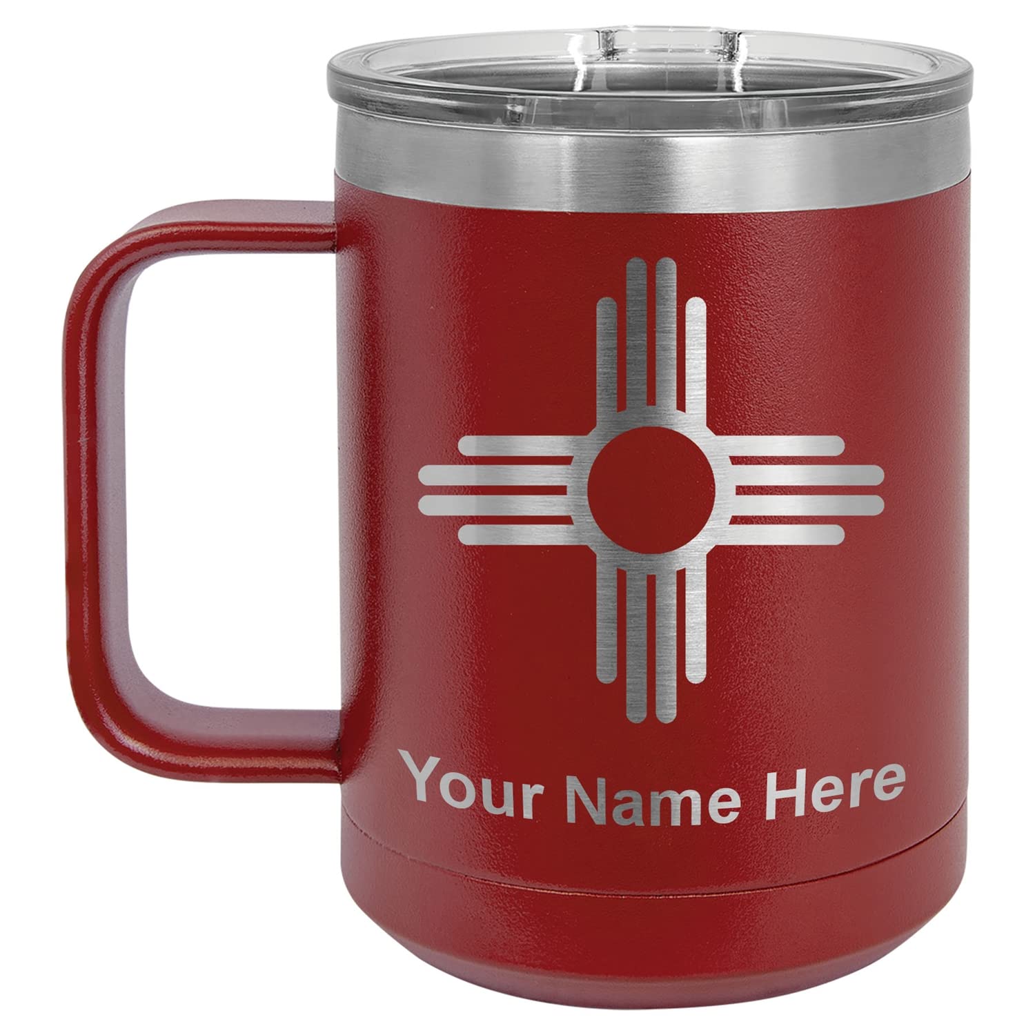 LaserGram 15oz Vacuum Insulated Stainless Steel Coffee Mug with New Mexico Flag Design - Personalized Engraving, Maroon Color - Perfect for Travel, Office & Outdoor Use
