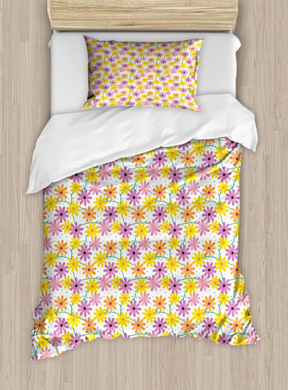 Ambesonne Floral Duvet Cover Set - King Size 2-Pack with 2 Duvet Covers & 4 Pillowcases, Colorful Gerbera Daisy Garden Art Design on Dotted Background | Perfect for Spring Bedroom Decor, Guest Room Makeover, and Botanical-Themed Home Styling