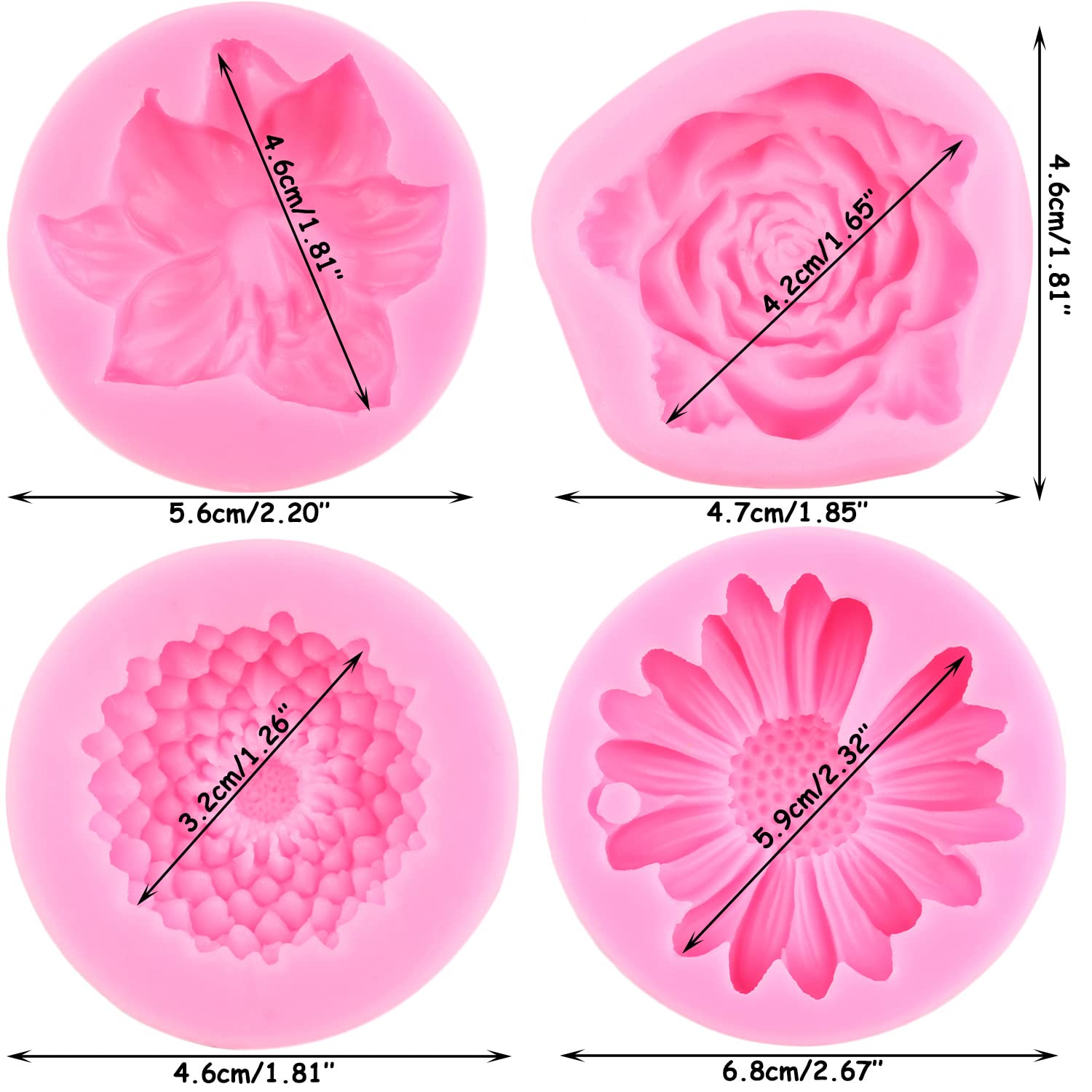 Premium Silicone Flower Molds Set of 4 - Chrysanthemum, Rose & Tropical Blossom Shapes for Cake Decorating, Fondant, Chocolate, Gum Paste & Polymer Clay - Perfect for Cupcake Toppers, Candy Making & DIY Crafts