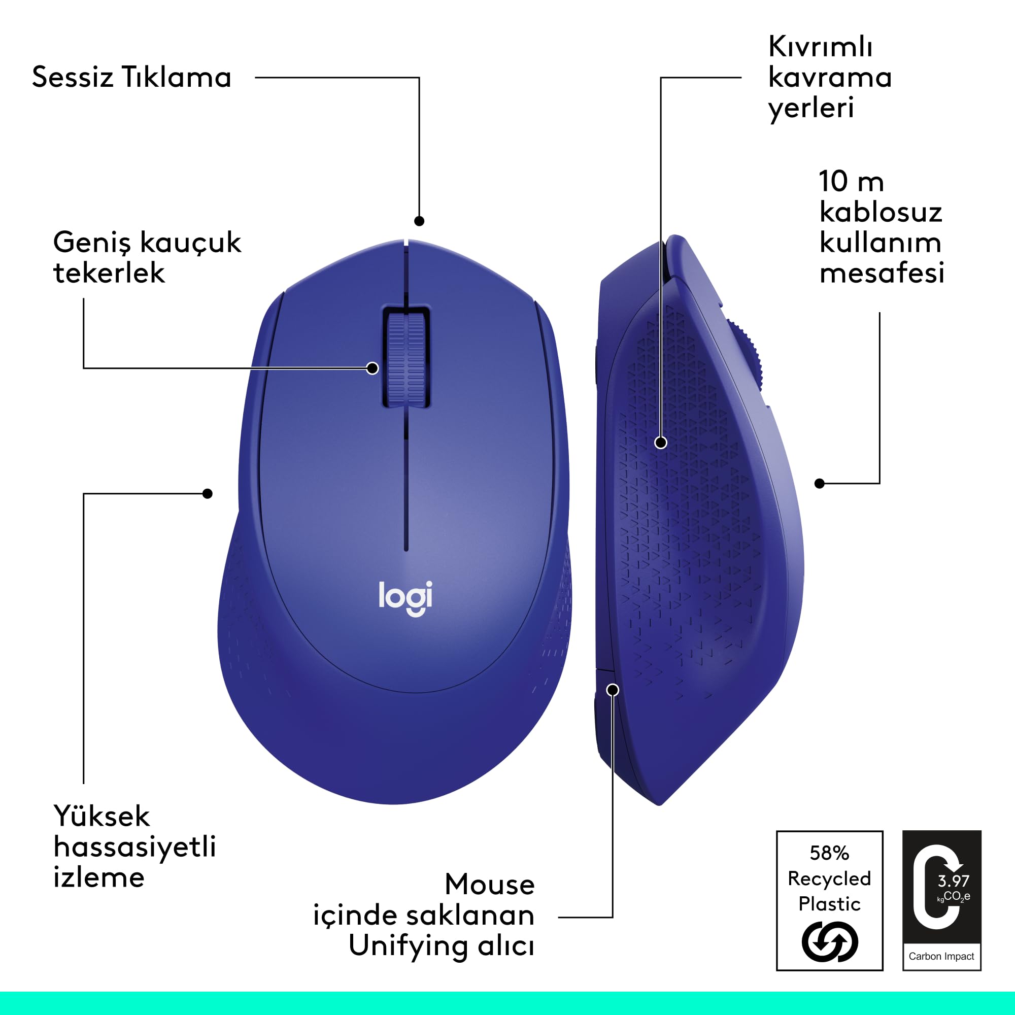 Logitech M330 Silent Wireless Mouse - Ergonomic Design, Noise Reduction, 2.4GHz USB Receiver, 24-Month Battery Life - Perfect for Office, Home & Gaming (Blue)