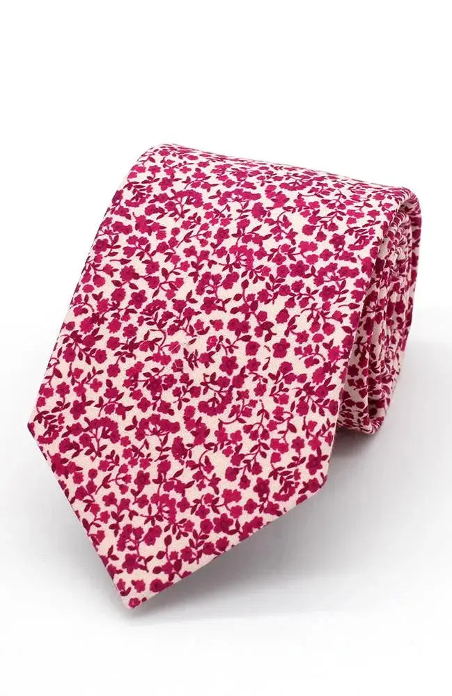 L A Smith Raspberry On Ecru Miniature Floral Tie and Hank Set - Vintage Style Accessories for Weddings, Tea Parties & Special Occasions