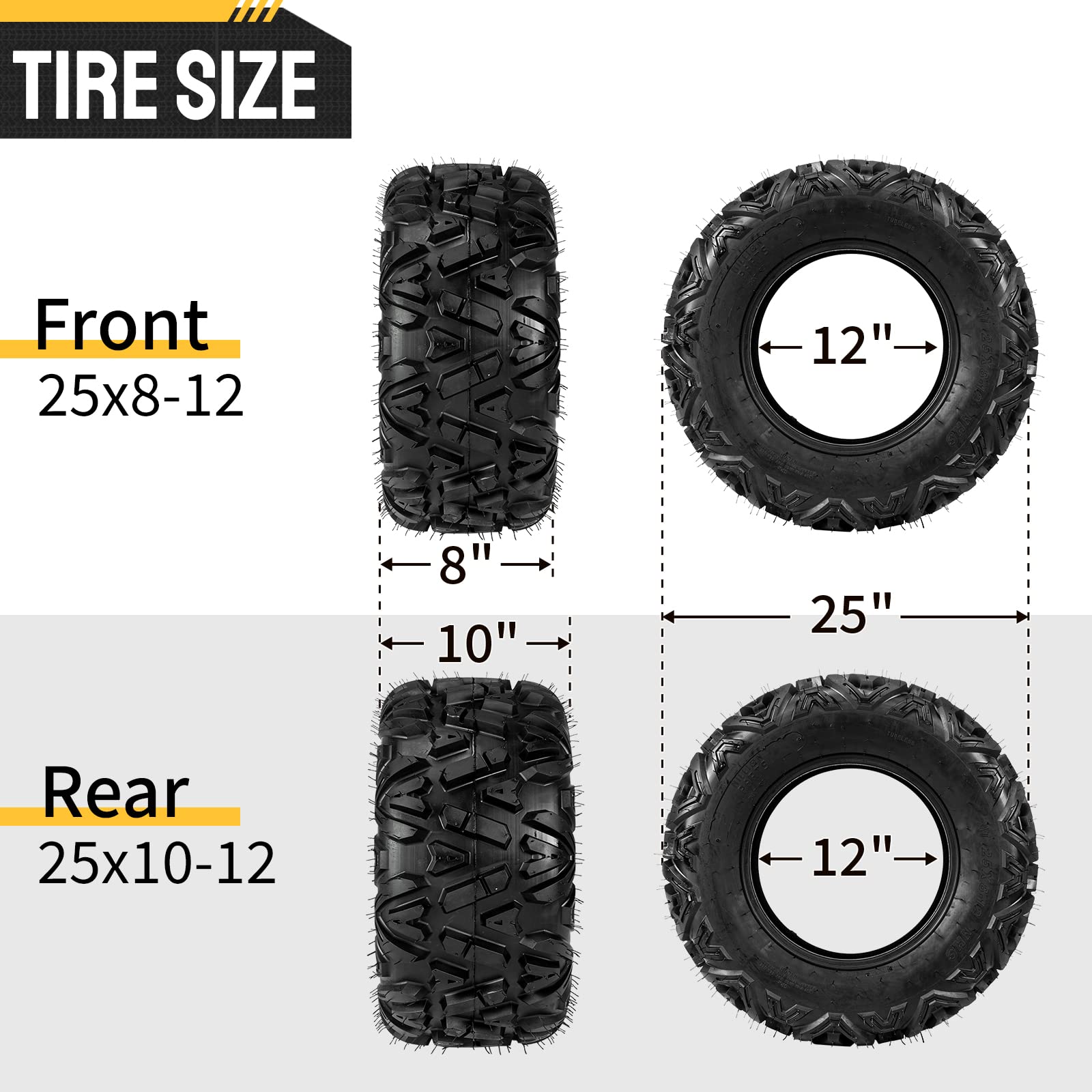 4 Pack ATV/UTV Tires 25x8-12 & 25x10-12 Front & Rear All-Terrain Tubeless Mud Tires - 6 Ply Heavy Duty for Off-Road, Trail Riding, Hunting & Farm Use