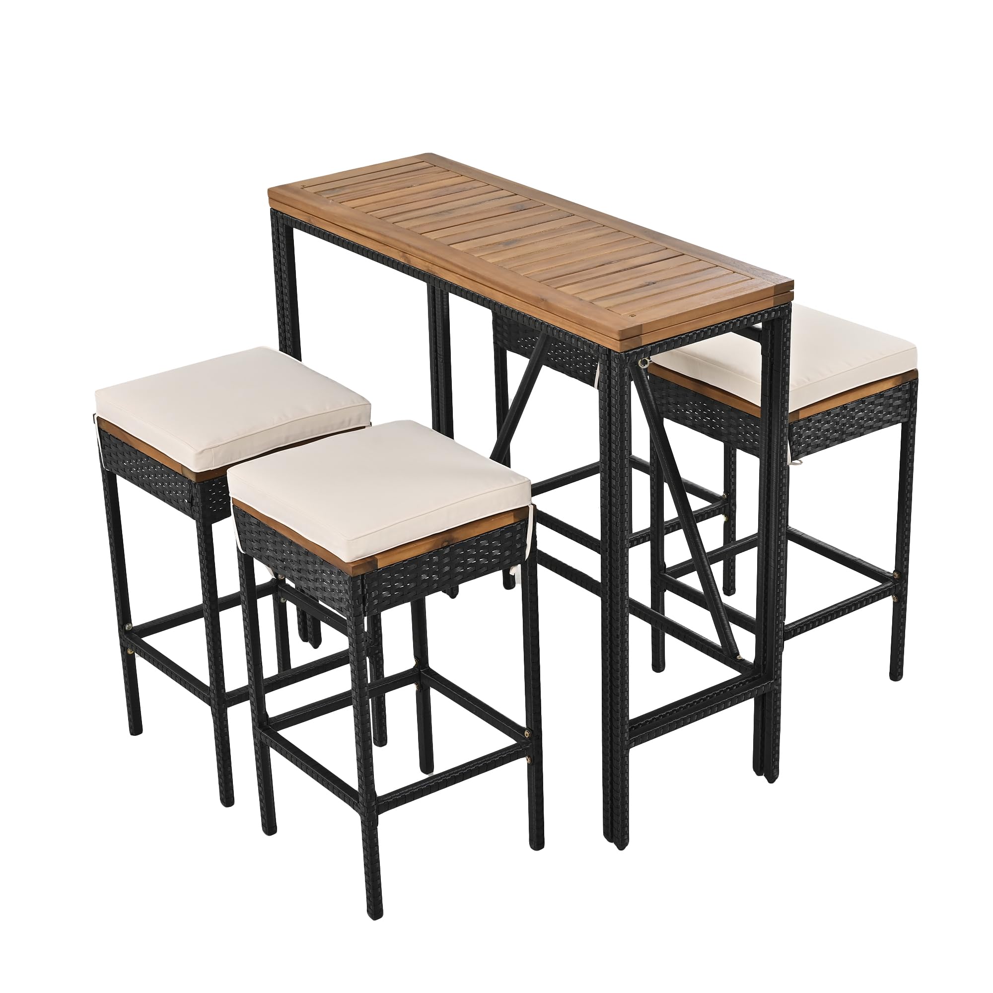 Quarte Modern 5-Piece Outdoor Patio Dining Set - PE Rattan Wicker Bar Set with 4 Square Stools & Acacia Wood Foldable Tabletop - High-Dining Bistro Set for Garden, Backyard, Balcony & Poolside Entertaining
