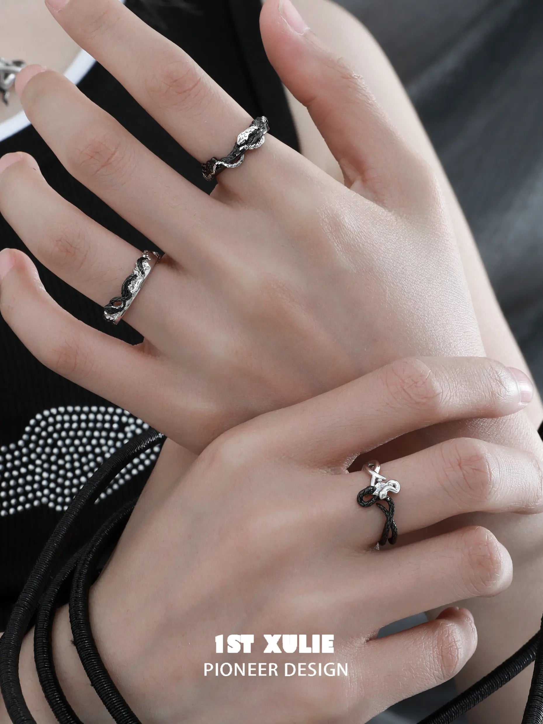 Snake Bite White & Black Serpent 925 Sterling Silver Adjustable Open Ring for Women | Gothic Jewelry, Punk Fashion Accessory, Halloween Costume Jewelry