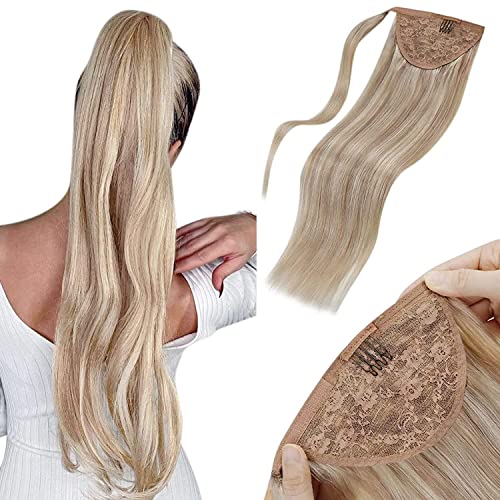 LAAVOO 22 Inch Blonde Ponytail Hair Extension - 100g Real Human Hair Clip-in Wrap Around Ponytail in Ash Blonde & Bleach Blonde Shades | Perfect for Parties, Weddings & Everyday Styling