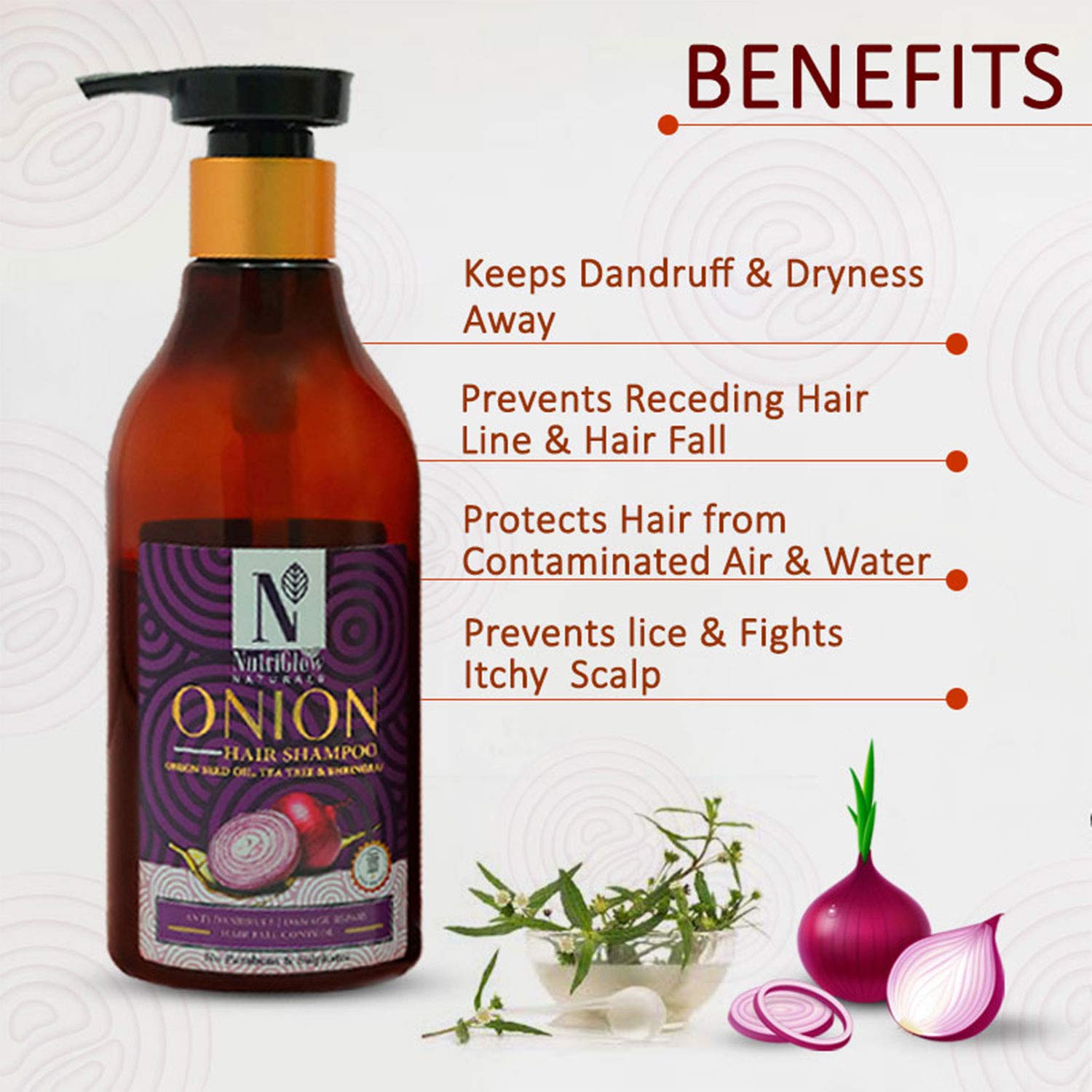 NutriGlow NATURAL'S Onion Hair Shampoo with Onion Seed Oil - Anti Dandruff & Hair Loss Treatment for Deep Nourishment & Shiny Hair (300ml) - Perfect for Daily Hair Care & Scalp Health