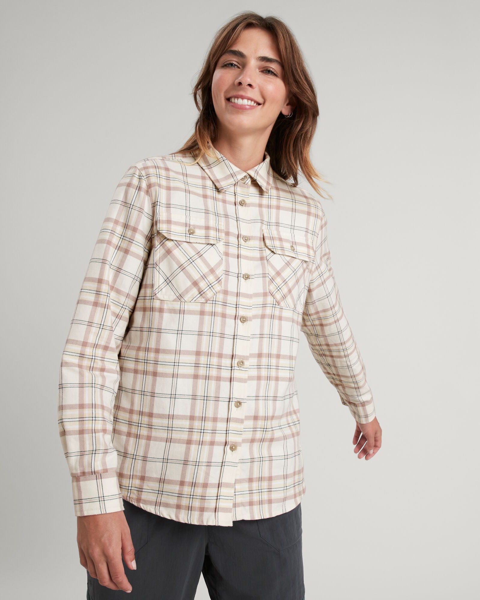 Carrillon Women's Long Sleeve Flannel Shirt - Natural & Drift Check Plaid - Soft Cotton Button Down Top for Casual Wear & Outdoor Activities