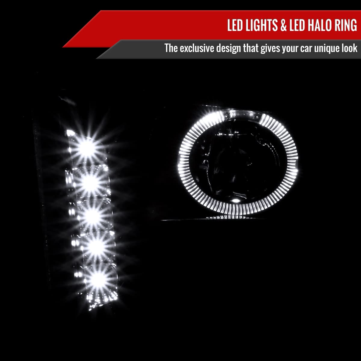 Ford Mustang 2005-2009 LED Halo Projector Headlights - Pearl Black - Pair - Upgrade Your Ride for Night Driving & Car Shows