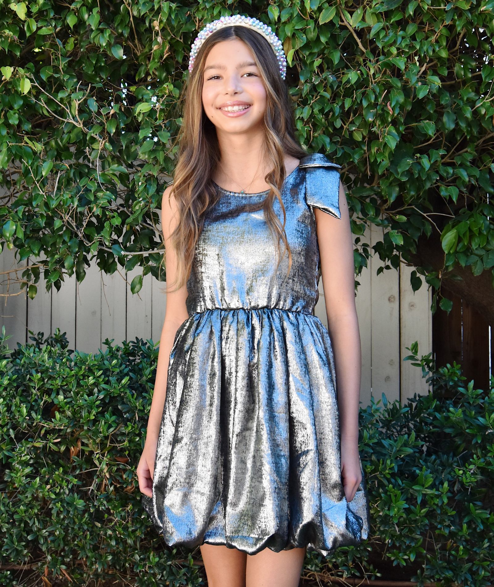 FBZ Girls Silver Tie Shoulder Bubble Dress - Elegant Party Outfit for Birthday, Wedding & Special Occasions