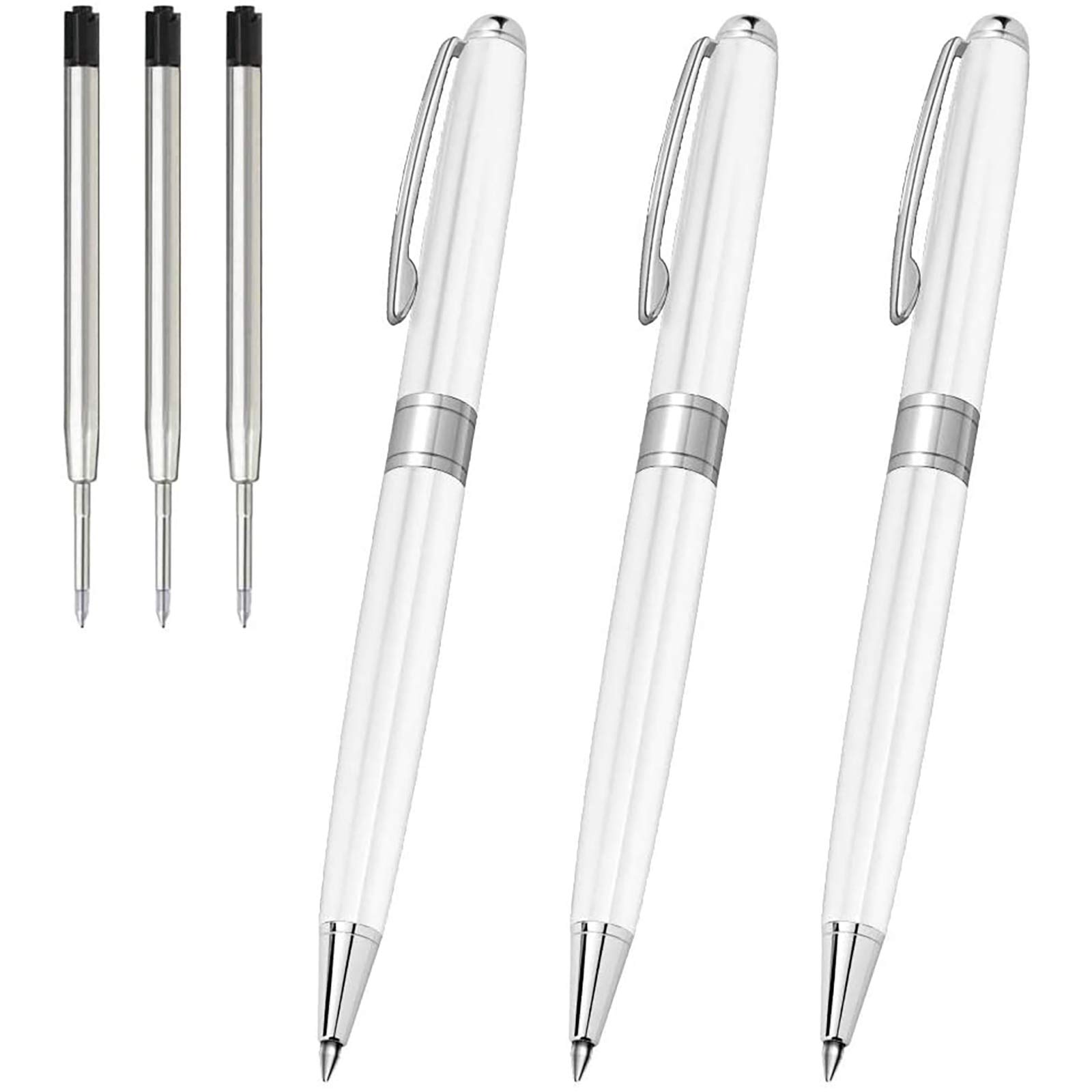 Premium White Ballpoint Pens - 1.0mm Medium Point Smooth Writing Pens with 3 Extra Refills, Ideal for Journaling, Office Work, Business Gifts & Travel (Set of 3 White Pens) - Perfect for Professionals, Police Officers & Flight Attendants