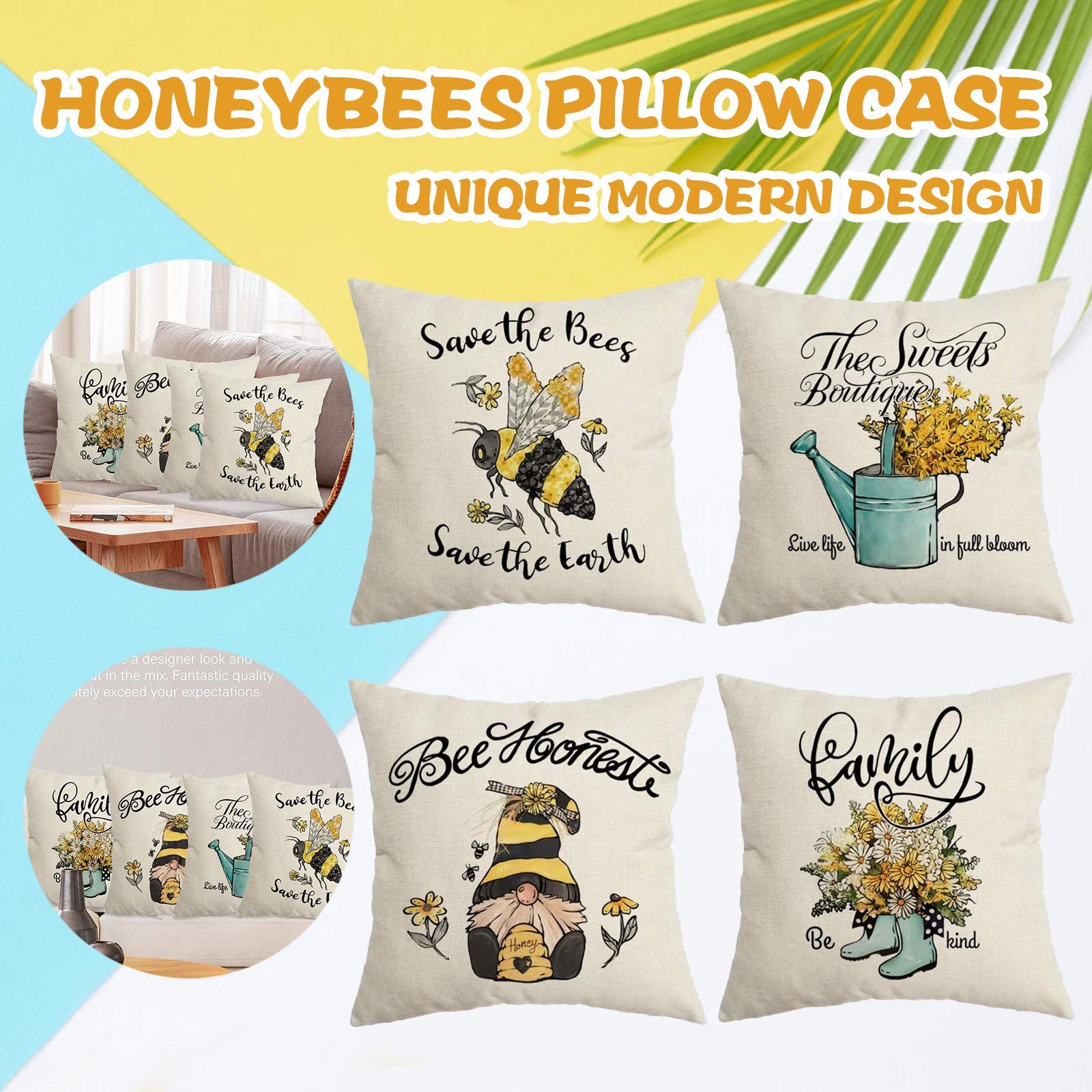 DYHG Decorative Honeybee Pillow Covers - Square Couch Cushion Cases for Sofa & Bedroom Decor (Multicolor) - Perfect for Living Room, Nursery & Home Styling