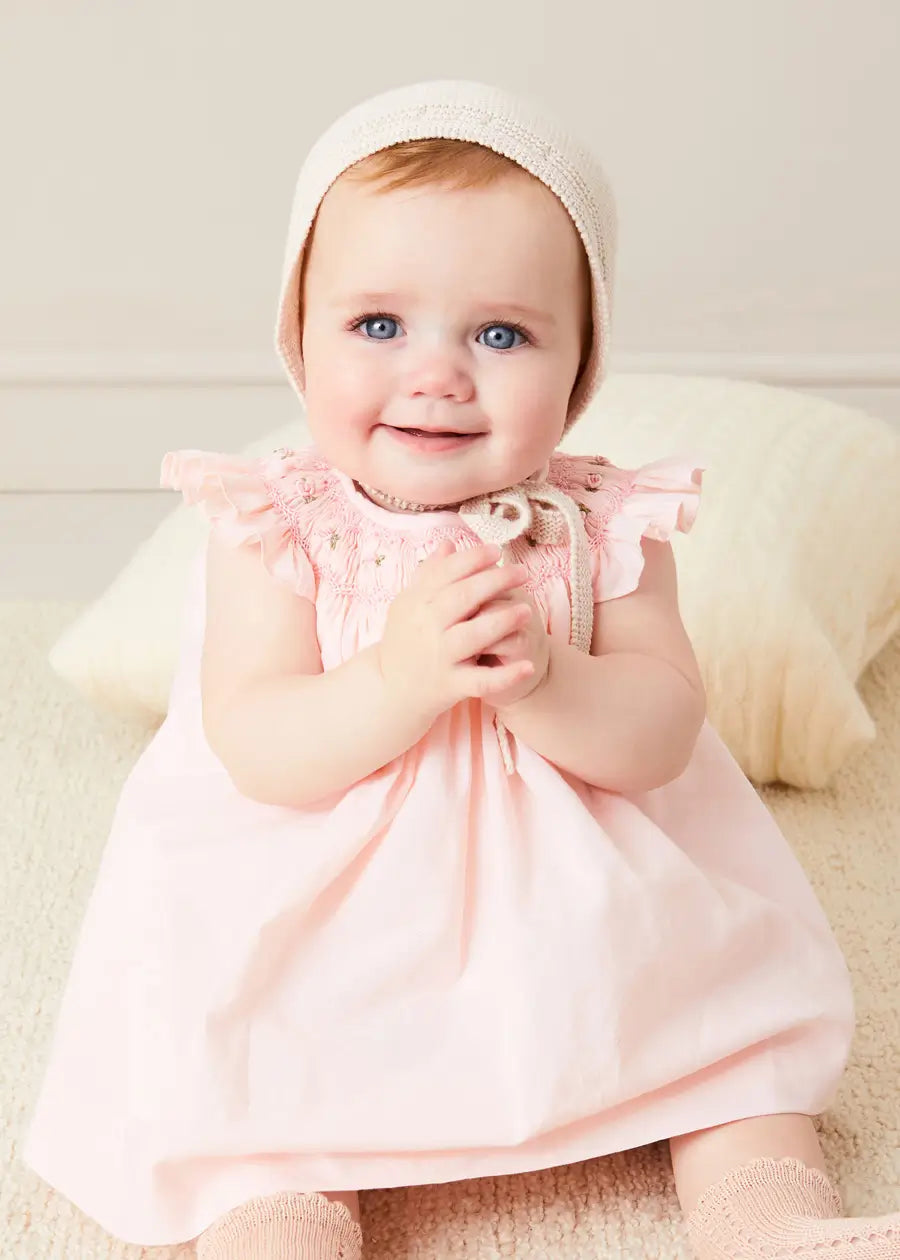 Pink Hand Smocked Sleeveless Baby Dress with Bloomers - 12 Months Size - Perfect for Special Occasions, Photoshoots & Summer Outfits
