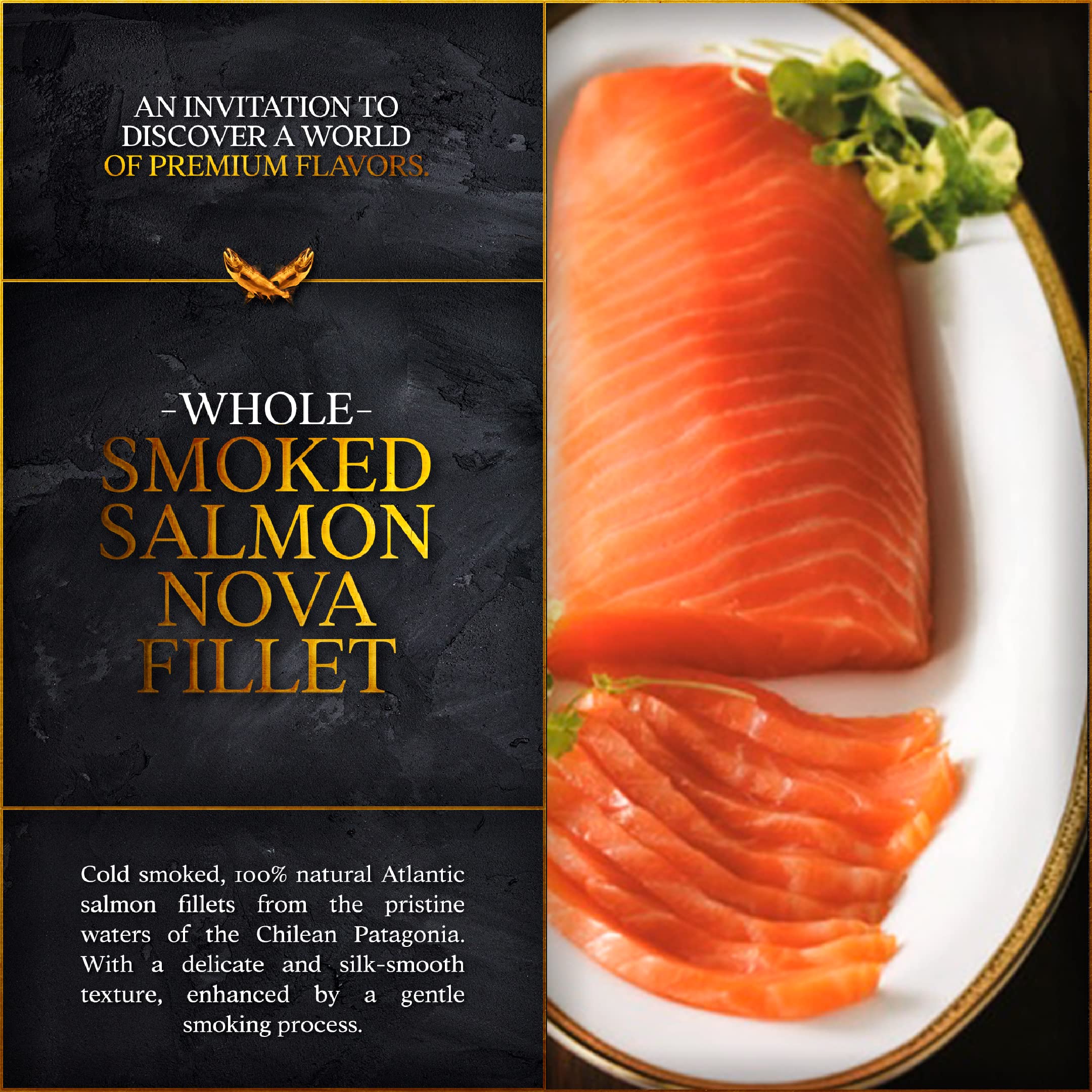 Premium Whole Smoked Salmon Nova Fillet - 3.3 Lb. Fresh Atlantic Salmon, Skin-On, Kosher, Gluten Free, High in Omega 3 - Award-Winning Quality for Gourmet Meals, Charcuterie Boards & Holiday Gifting