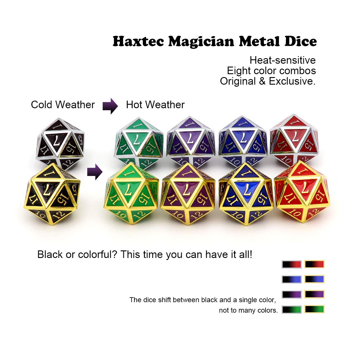 Haxtec Temperature Color Changing Metal D&D Dice Set - Polyhedral RPG Dice for Dungeons & Dragons (Silver Black Purple Shift) - Perfect for Tabletop Gaming & Collectors